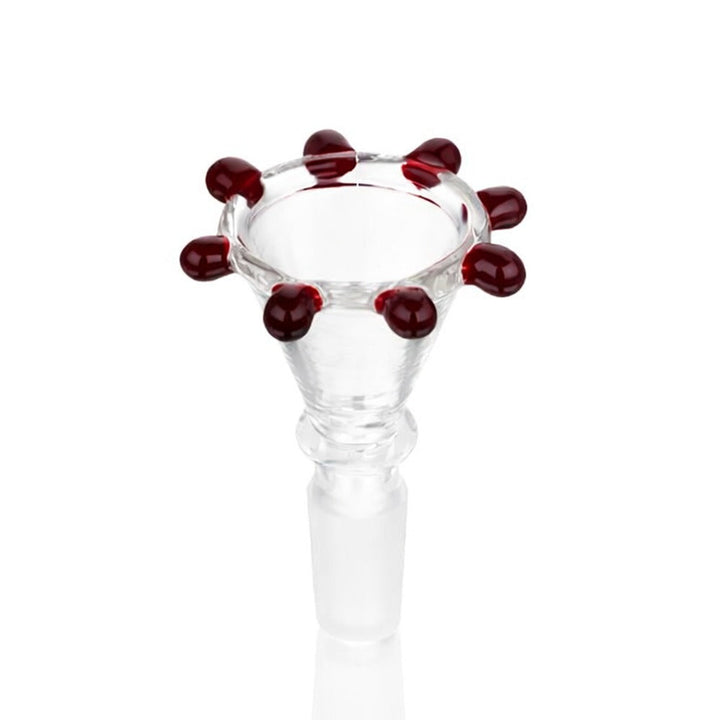 Front view of BW Gypsy Pearl Glass Cone Piece 14mm Male Bowl in Ruby on white background, smooth durable glass design with pearl-inspired detail