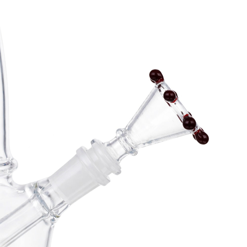 Angled view of BW Gypsy Pearl Glass Cone Piece 14mm Male Bowl in Ruby on white background, displaying vibrant ruby glass finish
