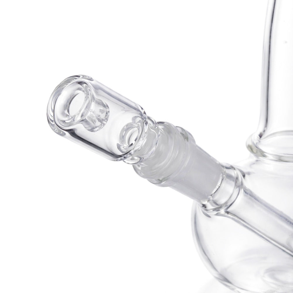 Angled view of BW Lucid Glass Cone Piece 14mm Male Bowl on white background, displaying premium transparent glass craftsmanship
