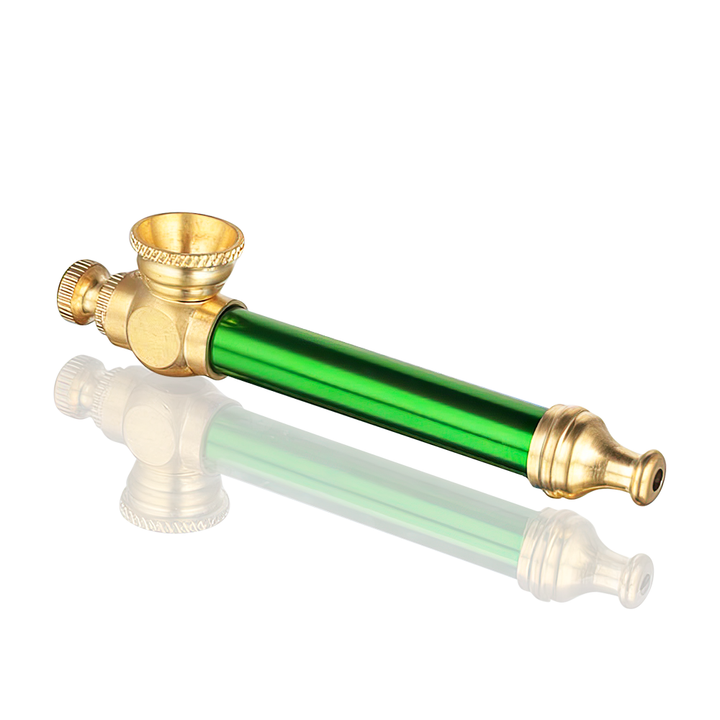 BW - Metal Peace Pipe 8.5cm Medium - Green and gold pipe on a white background