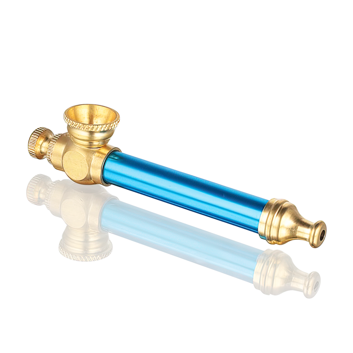 BW - Metal Peace Pipe 8.5cm Medium - Light Blue and gold pipe on a white background
