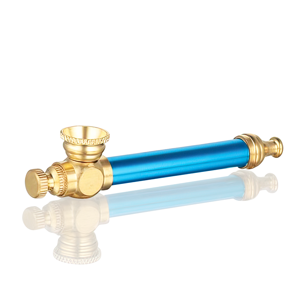 BW - Metal Peace Pipe 8.5cm Medium - Light Blue and gold valve handle on a white background