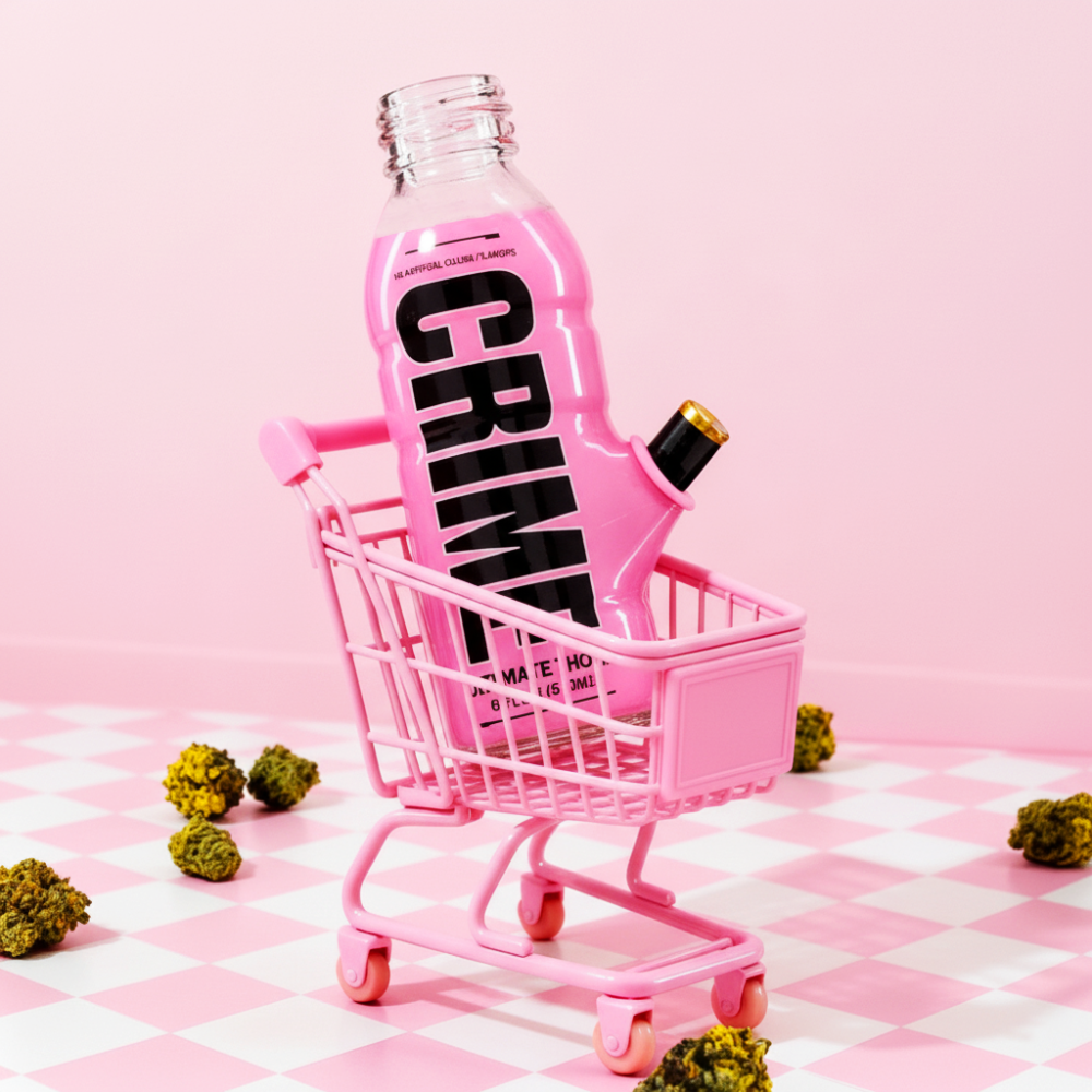 Bong Warehouse Mini Bottle 17.5cm Glass Bong - Crime Pink sitting in mini trolly