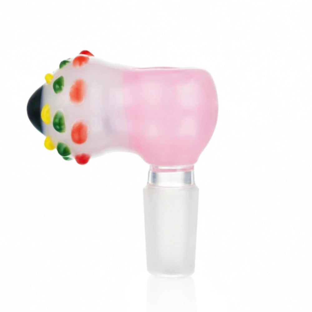 Side view of BW Mirage Glass Cone Piece 14mm Male Bowl in Eyeball design on white background, showcasing unique artistic glass shape