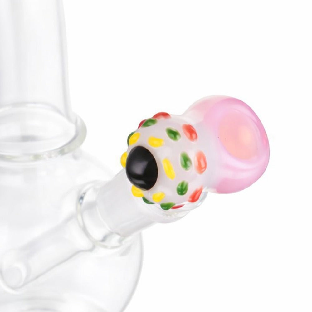 Angled view of BW Mirage Glass Cone Piece 14mm Male Bowl in Eyeball design on white background, featuring premium novelty glass artwork
