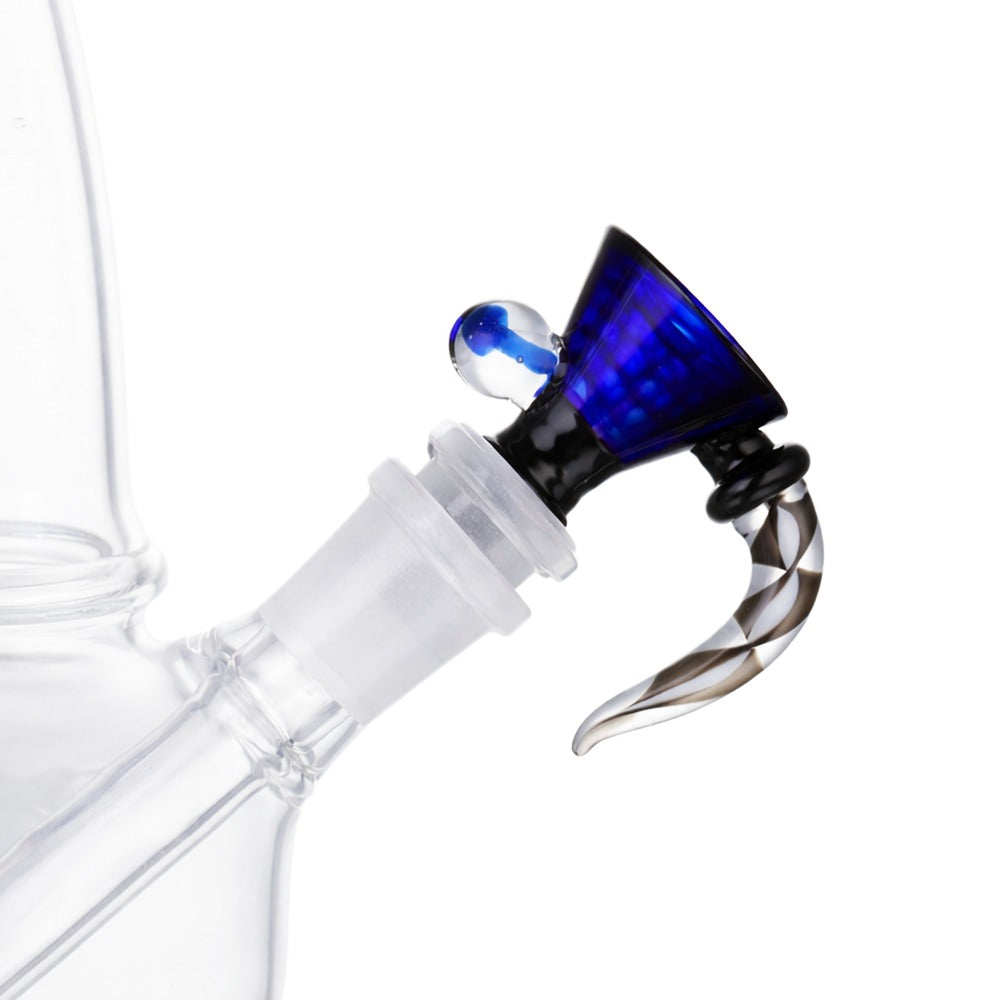 Side view of BW Nebula Glass Cone Piece 14mm Male Bowl in Blue on white background, showcasing cosmic nebula-style glass shape