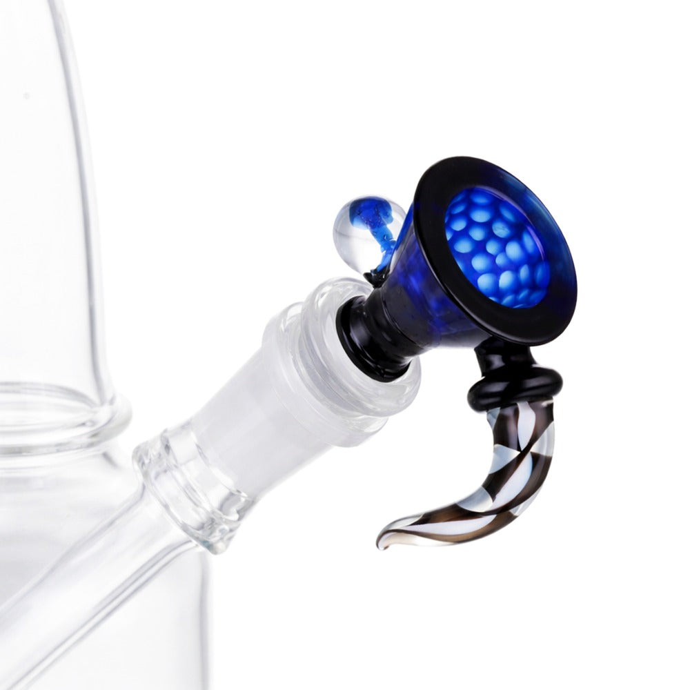 Angled view of BW Nebula Glass Cone Piece 14mm Male Bowl in Blue on white background, displaying vibrant blue cosmic glass finish
