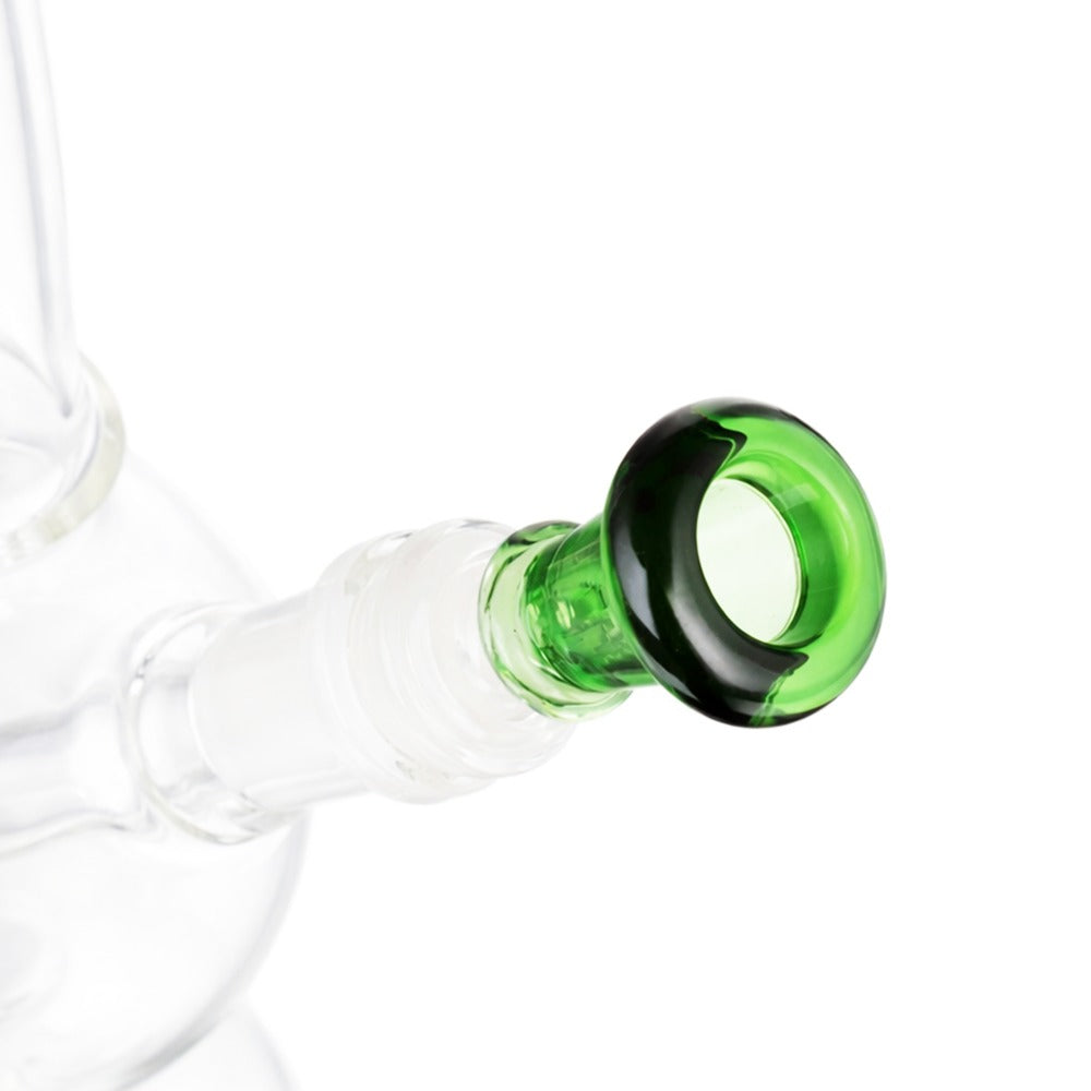 Side view of BW Neon Glass Cone Piece 14mm Male Bowl in Green on white background, showcasing sleek neon-inspired glass shape