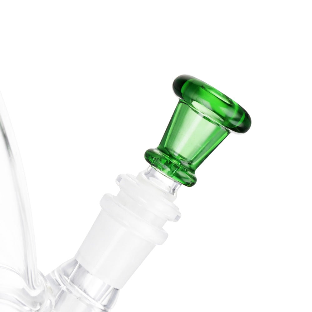 Angled view of BW Neon Glass Cone Piece 14mm Male Bowl in Green on white background, displaying bright neon green glass finish
