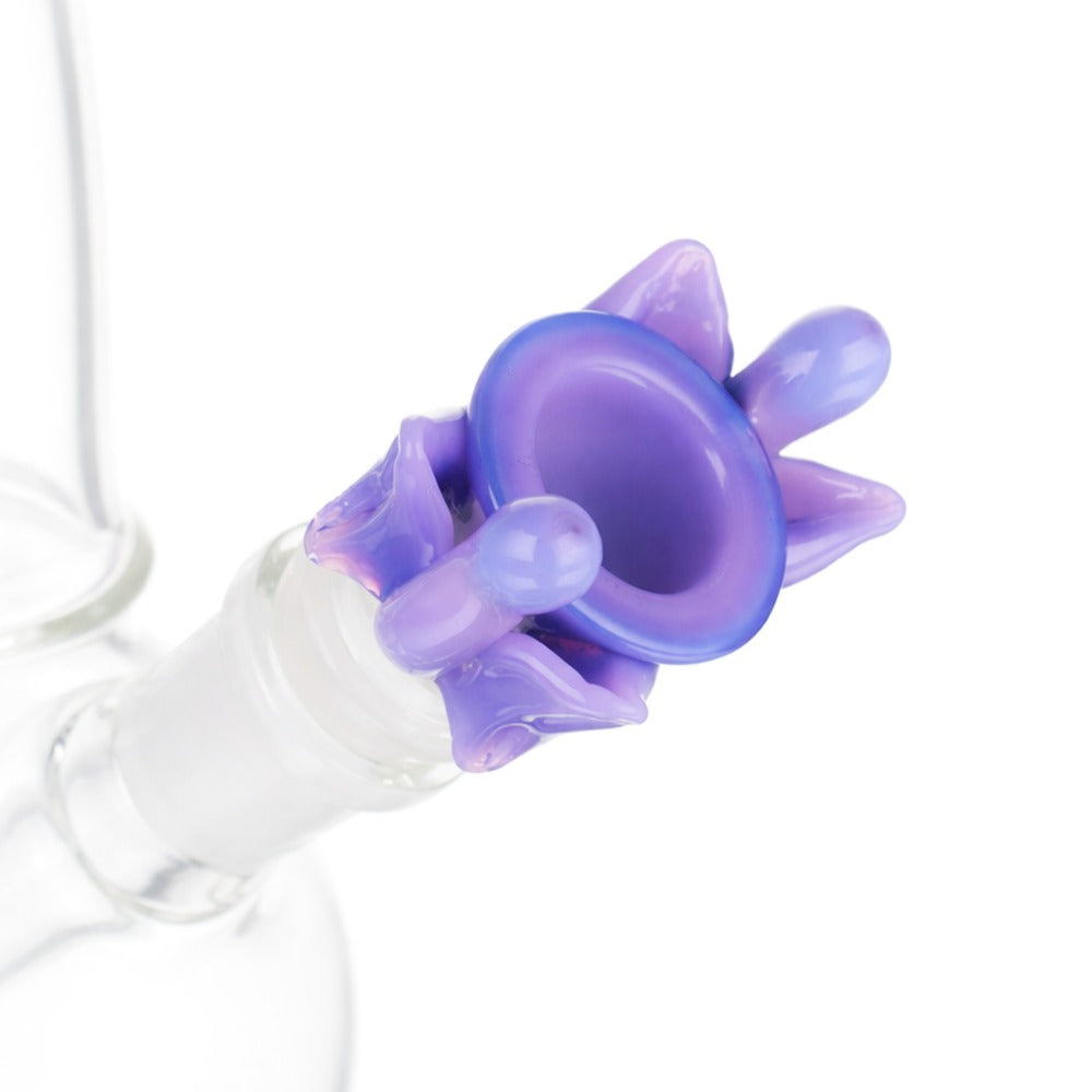 Side view of BW Nimbus Glass Cone Piece 14mm Male Bowl in Purple Butterfly design on white background, showcasing elegant butterfly glass detailing