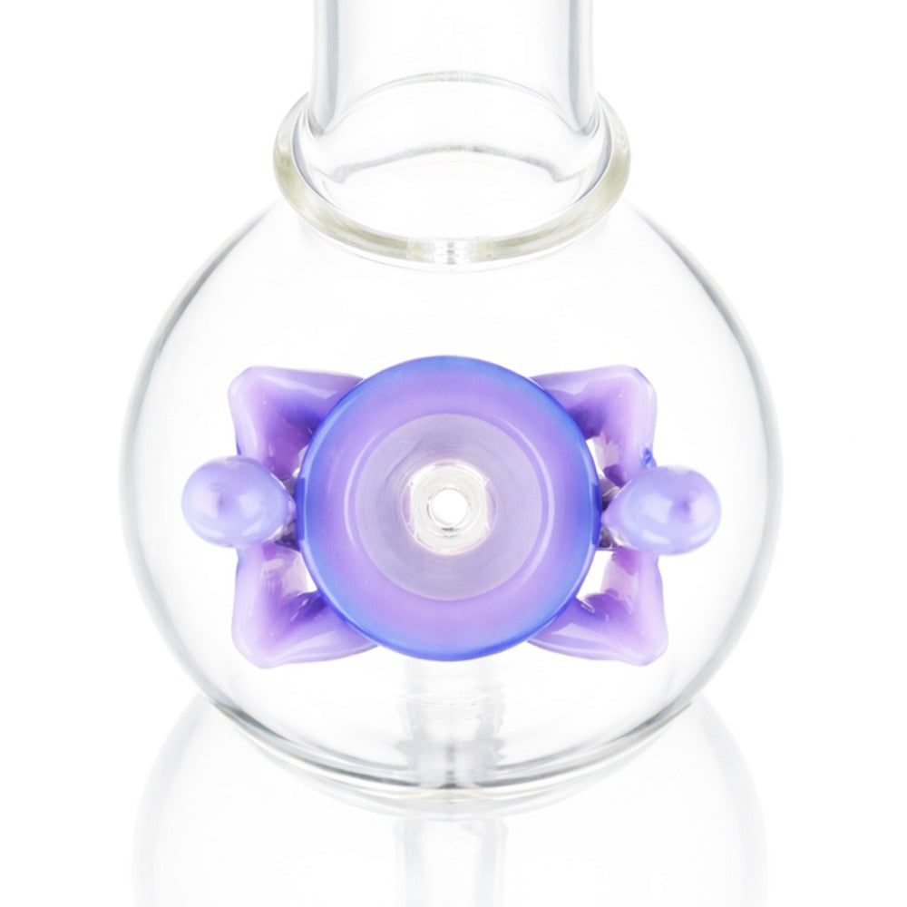 Angled view of BW Nimbus Glass Cone Piece 14mm Male Bowl in Purple Butterfly design on white background, featuring premium artistic glass finish