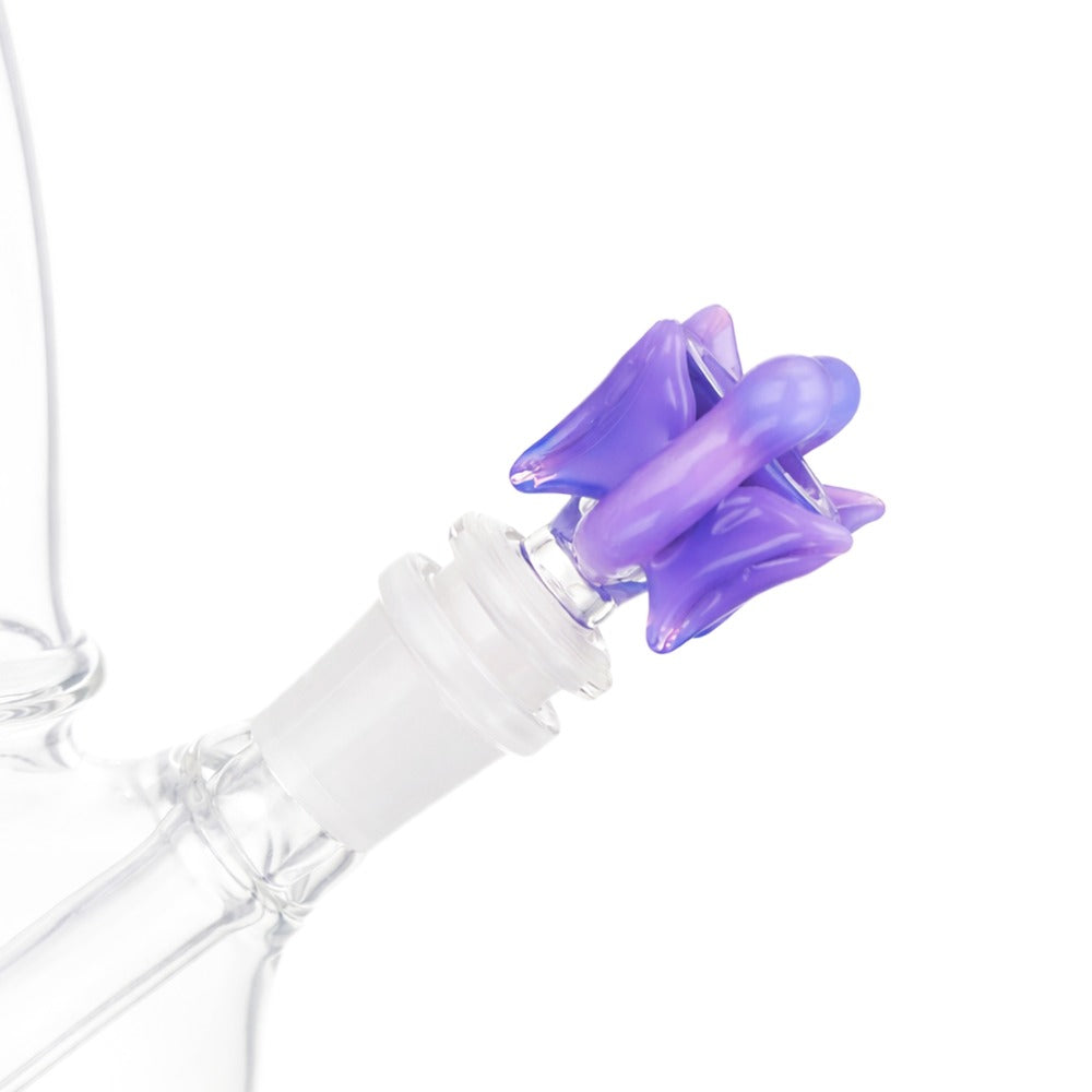 Angled Back view of BW Nimbus Glass Cone Piece 14mm Male Bowl in Purple Butterfly design on white background, clean studio product shot
