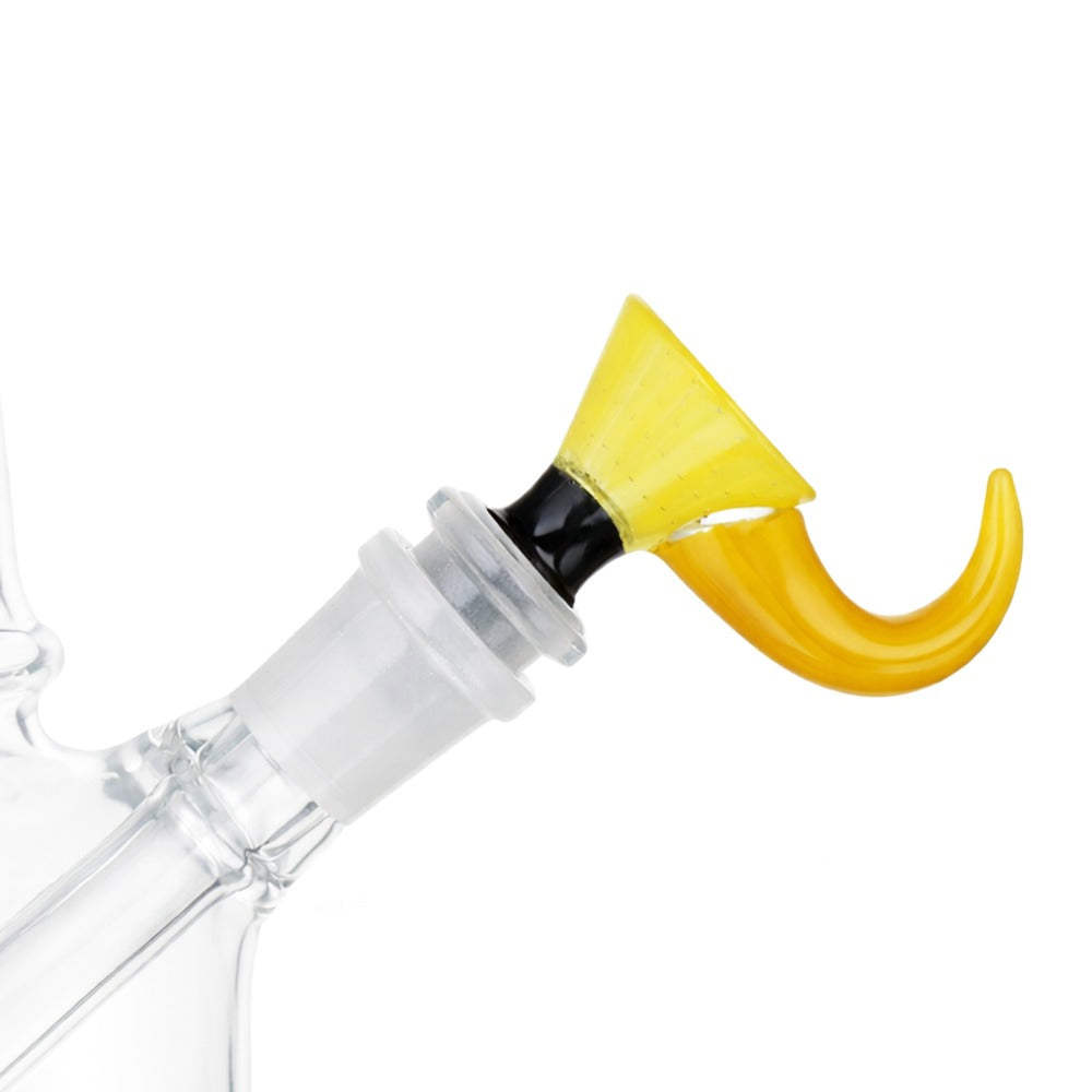 Angled view of BW Nova Peak Glass Cone Piece 14mm Male Bowl in Yellow on white background, displaying vibrant yellow glass finish