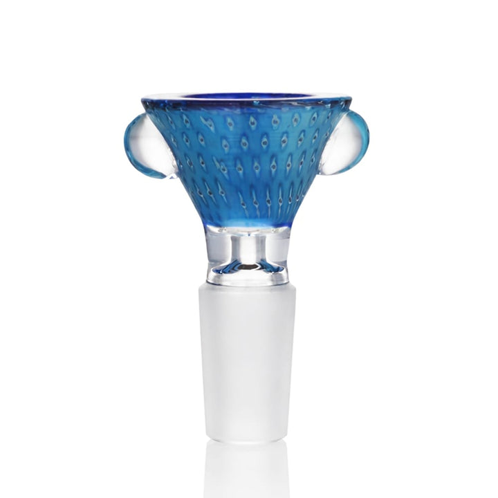 Front view of BW Pebble Glass Cone Piece 14mm Male Bowl in Blue Dots on white background, smooth durable glass design