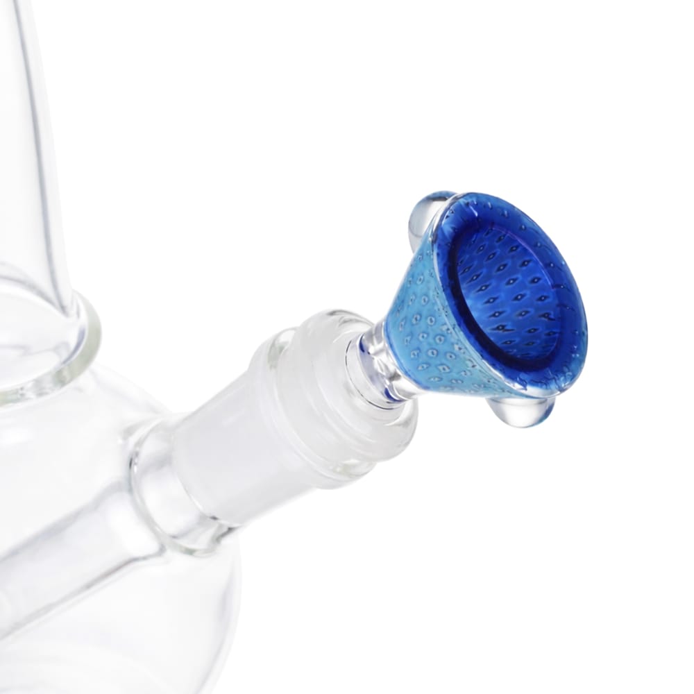 Top view of BW Pebble Glass Cone Piece 14mm Male Bowl in Blue Dots on white background, highlighting bowl opening detail