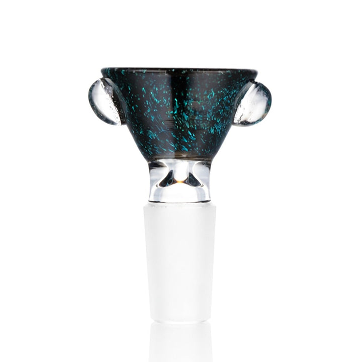 Front view of BW Pebble Glass Cone Piece 14mm Male Bowl in Dichro Speckle on white background, smooth pebble-style glass design