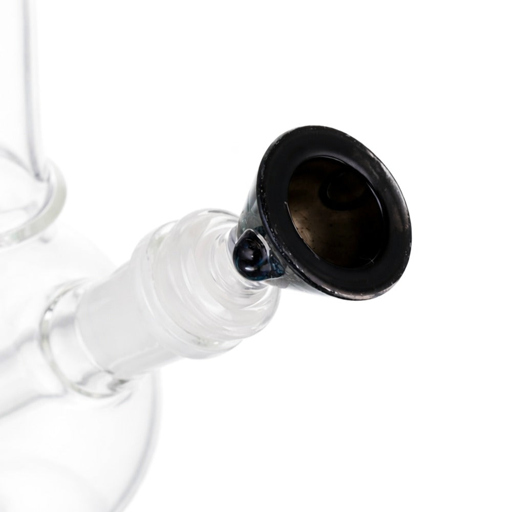 Side view of BW Pebble Glass Cone Piece 14mm Male Bowl in Dichro Speckle on white background, showcasing rounded glass shape