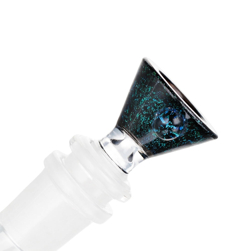 Angled view of BW Pebble Glass Cone Piece 14mm Male Bowl in Dichro Speckle on white background, featuring vibrant speckled glass finish