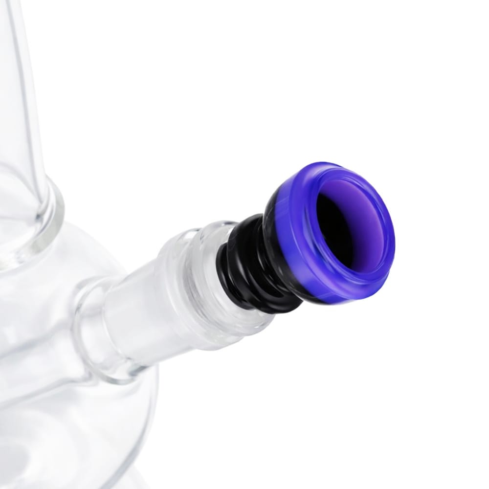 Angled view of BW Prism Orb Glass Cone Piece 14mm Male Bowl in Purple on white background, displaying vibrant purple glass finish
