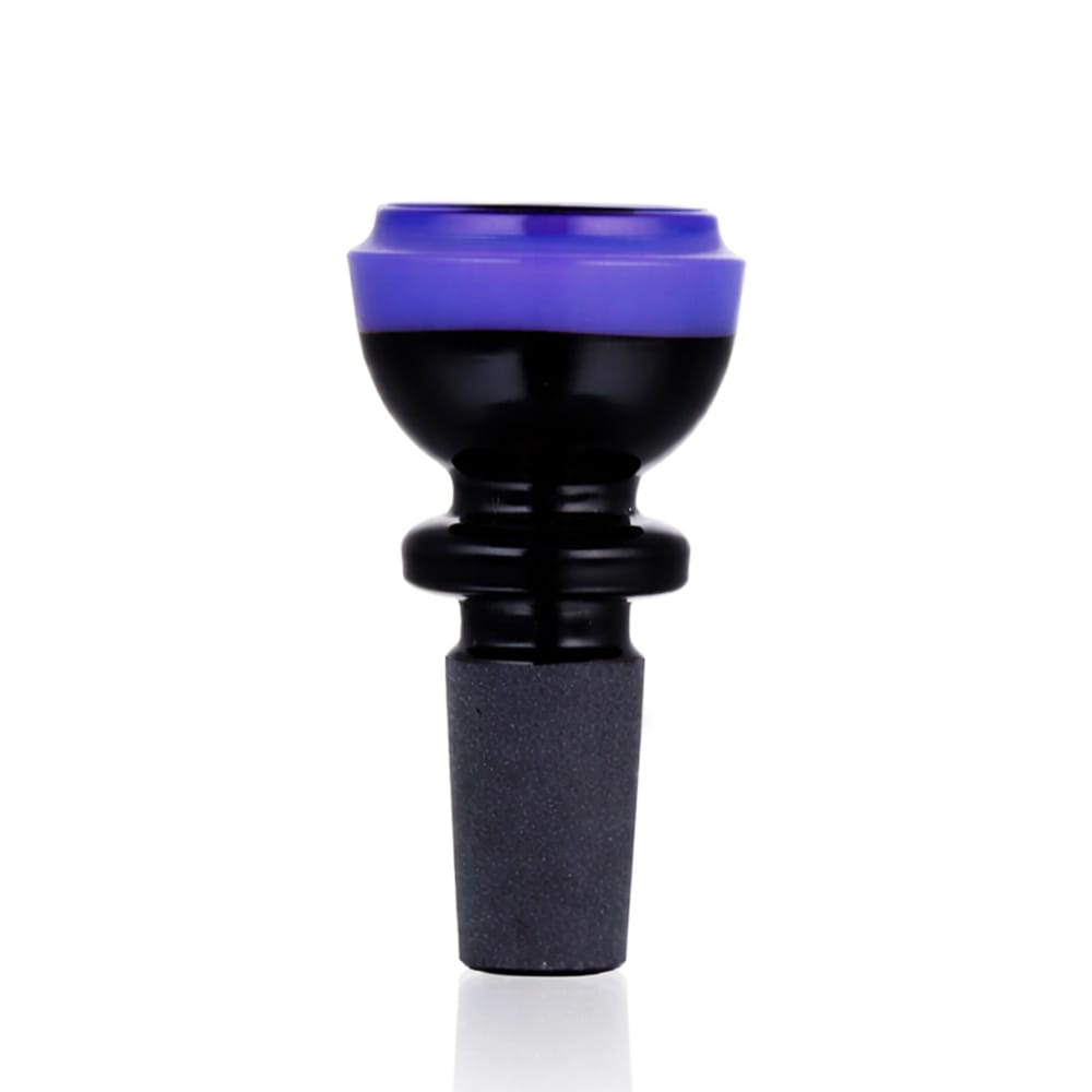 Close-up view of BW Prism Orb Glass Cone Piece 14mm Male Bowl in Purple on white background, emphasizing fine glass craftsmanship