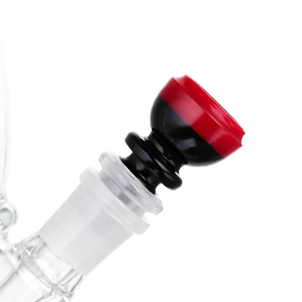 Side view of BW Prism Orb Glass Cone Piece 14mm Male Bowl in Red on white background, showcasing rounded orb-style glass shape