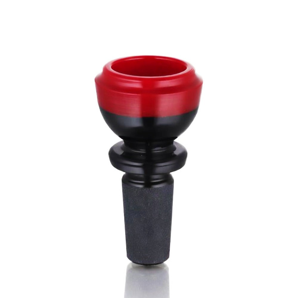 Front view of BW Prism Orb Glass Cone Piece 14mm Male Bowl in Red on white background, smooth durable glass design
