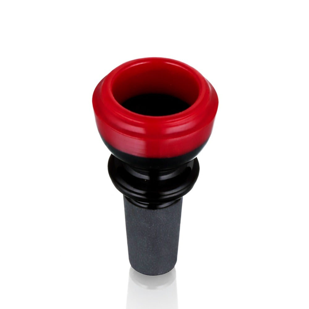 Angled view of BW Prism Orb Glass Cone Piece 14mm Male Bowl in Red on white background, displaying vibrant red glass finish