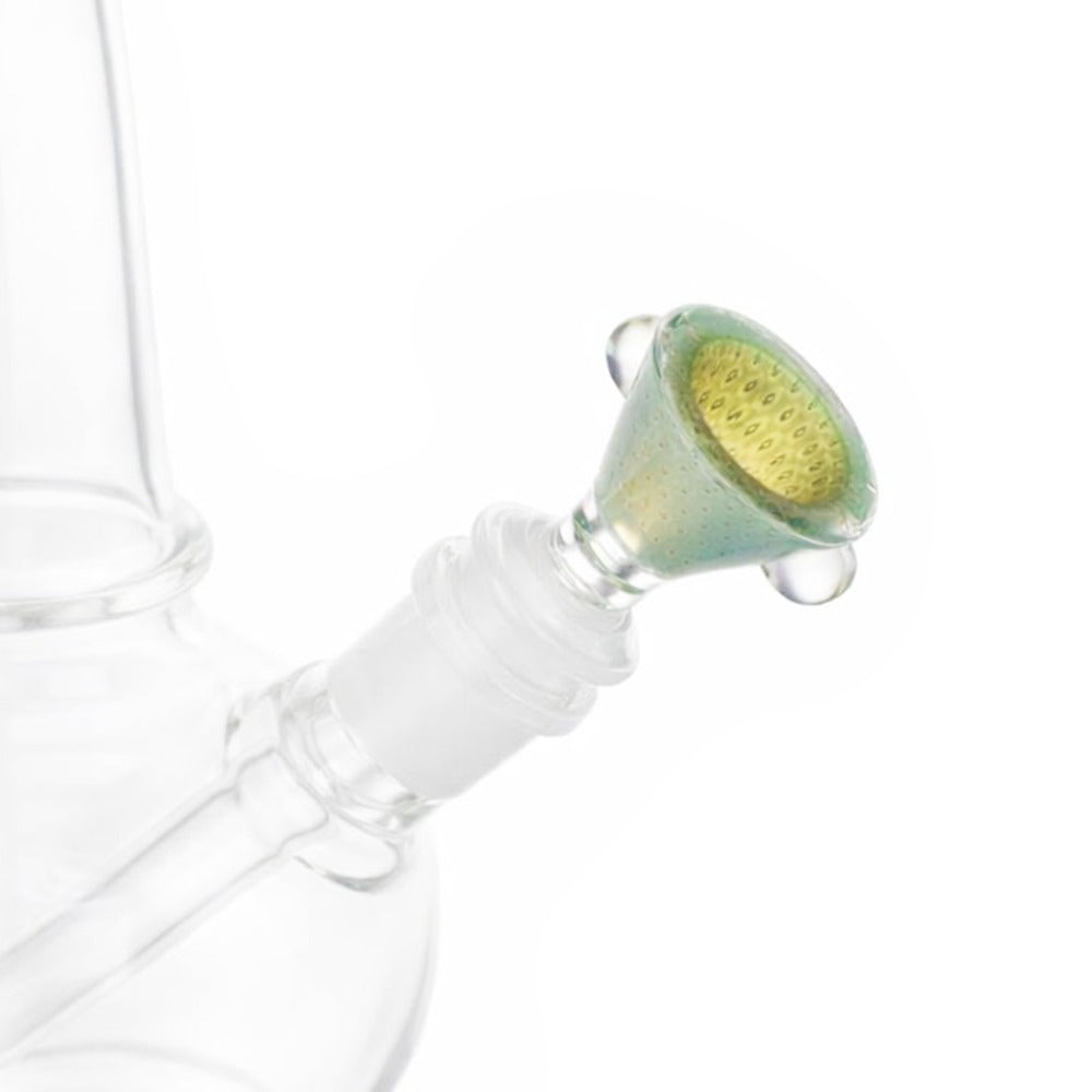 Side view of BW Pulse Glass Cone Piece 14mm Male Bowl in Green on white background, showcasing sleek pulse-style glass form