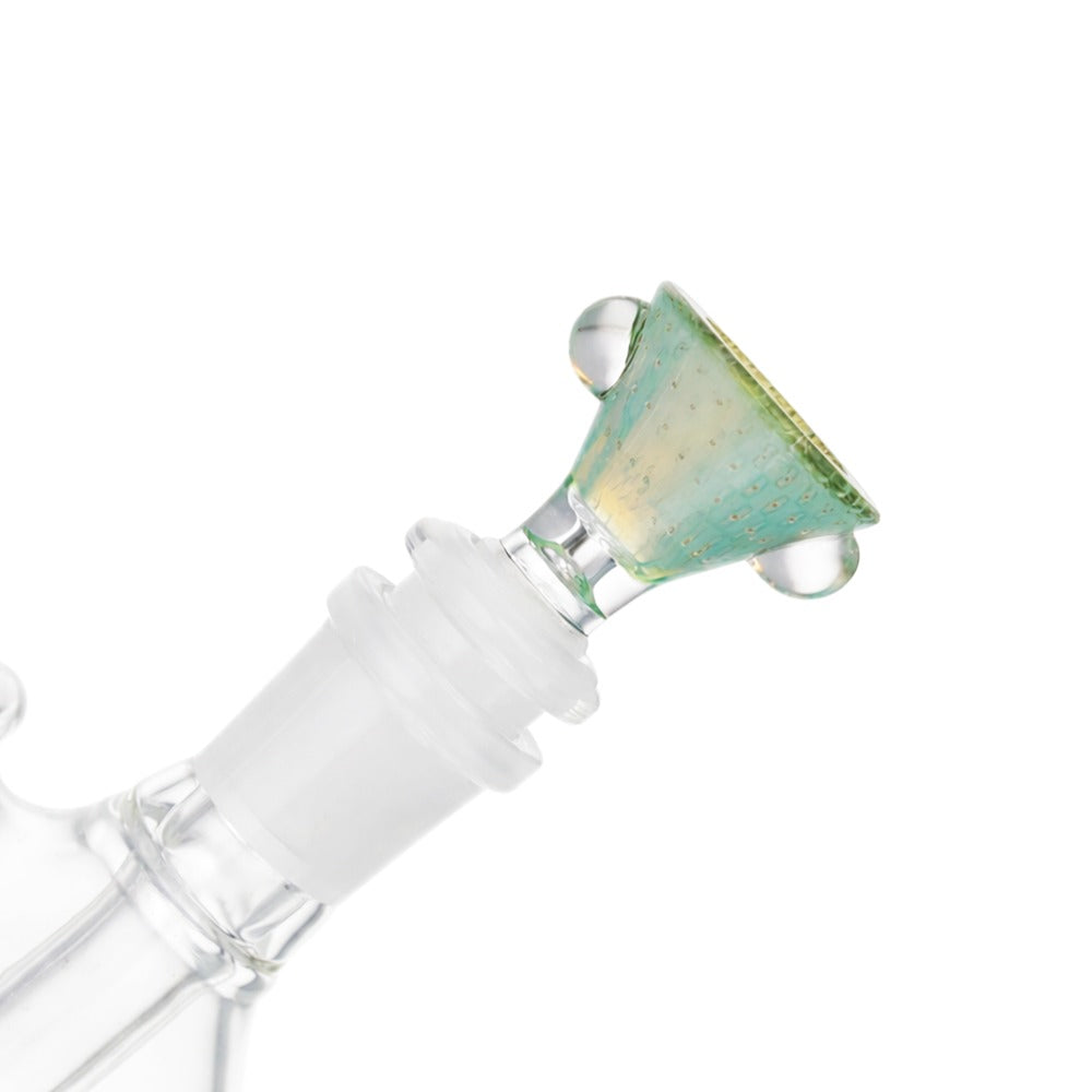 Angled view of BW Pulse Glass Cone Piece 14mm Male Bowl in Green on white background, displaying vibrant green glass finish