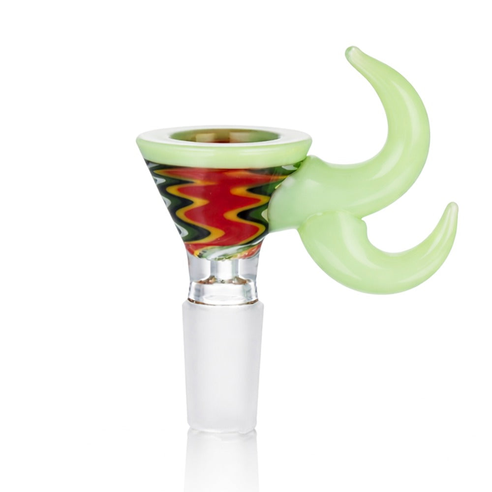 Angled view of BW Quantum Glass Cone Piece 14mm Male Bowl in Green and Red on white background, displaying vibrant dual-color glass finish