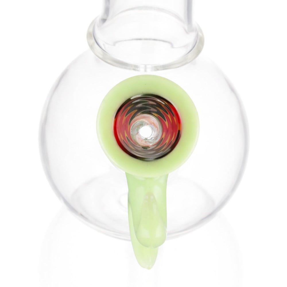 Top view of BW Quantum Glass Cone Piece 14mm Male Bowl in Green and Red on white background, highlighting bowl opening detail