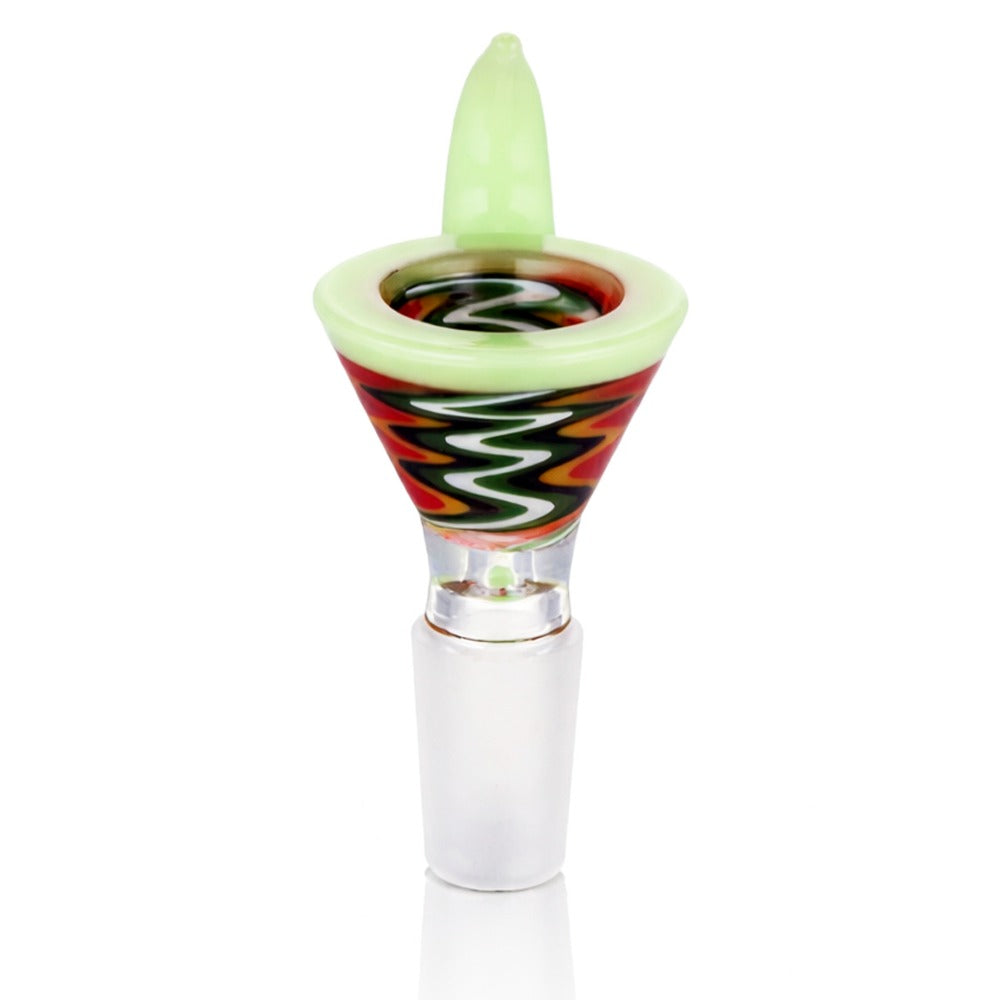 Front view of BW Quantum Glass Cone Piece 14mm Male Bowl in Green and Red on white background, smooth durable dual-color glass design
