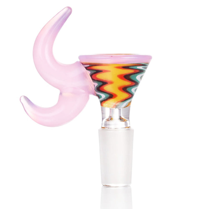 Side view of BW Quantum Glass Cone Piece 14mm Male Bowl in Pink on white background, showing sleek quantum-inspired shape