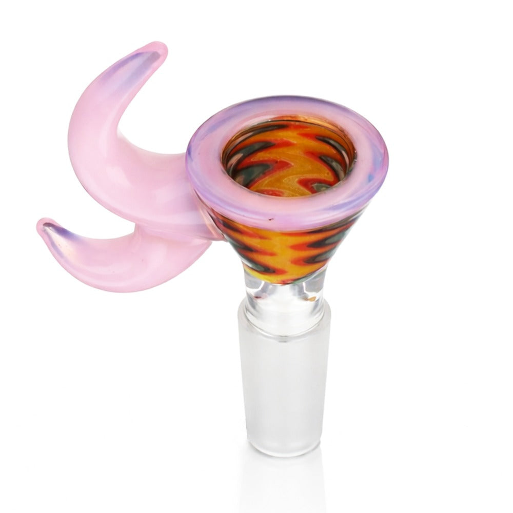 Front view of BW Quantum Glass Cone Piece 14mm Male Bowl in Pink on white background, smooth durable glass design