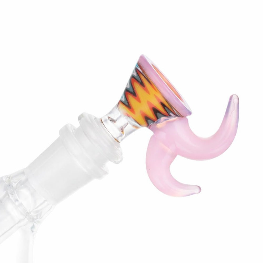 Angled view of BW Nova Peak Glass Cone Piece 14mm Male Bowl in Red on white background, showcasing premium craftsmanship and vibrant glass color