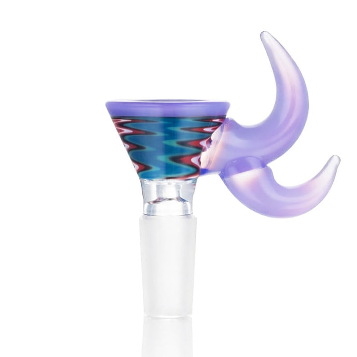 Side view of BW Quantum Glass Cone Piece 14mm Male Bowl in Purple on white background, showcasing sleek quantum-inspired glass shape