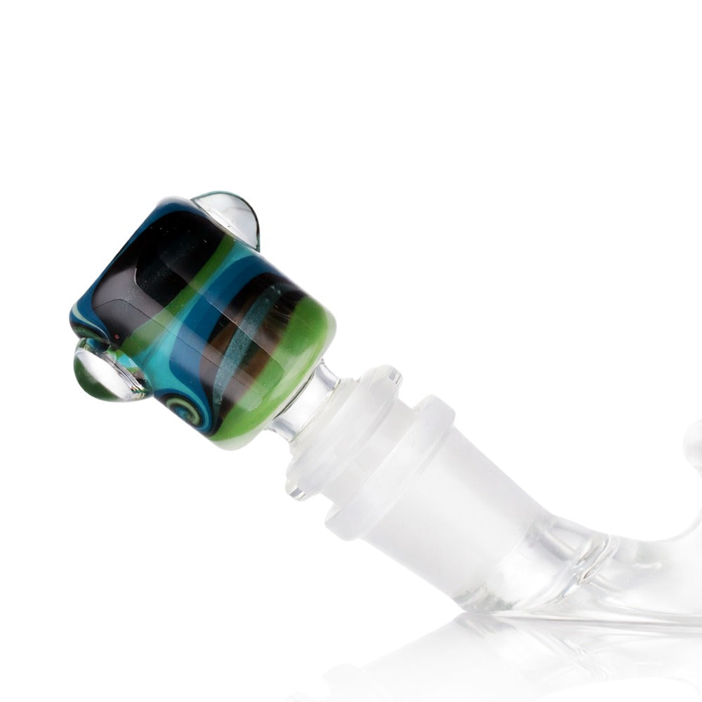 Angled view of Black and Blue 14mm Male Glass Bowl, BW Raptor Cone Piece, displayed on clean white background for clarity