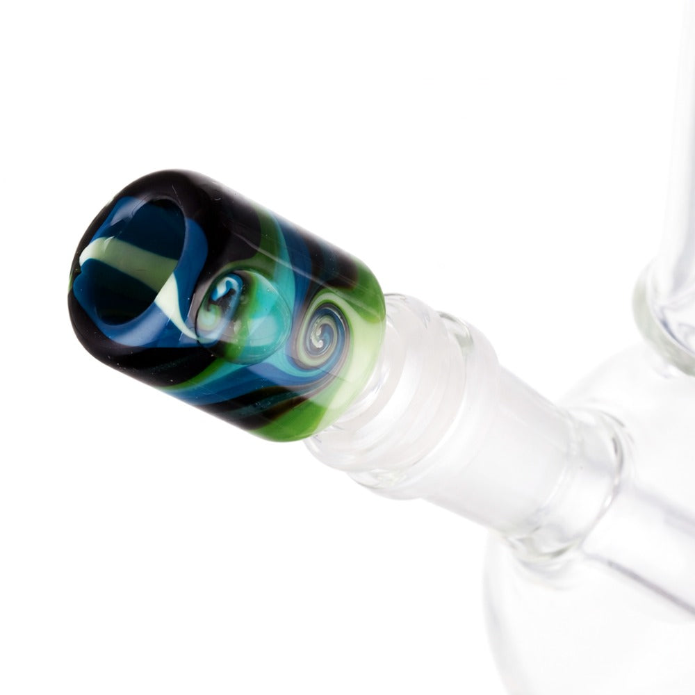 Close-up view of BW Raptor Glass Cone Piece 14mm Male Bowl in Black and Blue on white background, highlighting glass detail