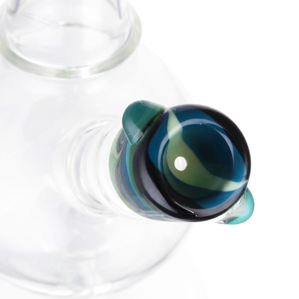 Top view of BW Raptor Black and Blue Glass Cone Piece 14mm Male on white background, showing clean opening and finish