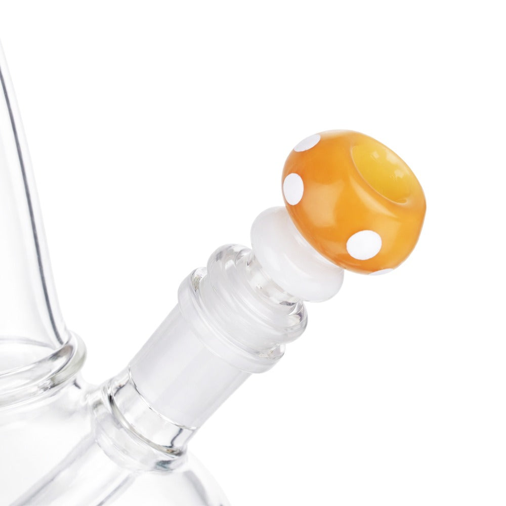 Side view of BW Shroom Glass Cone Piece 14mm Male Bowl in Yellow on white background, showcasing rounded shroom-style glass form