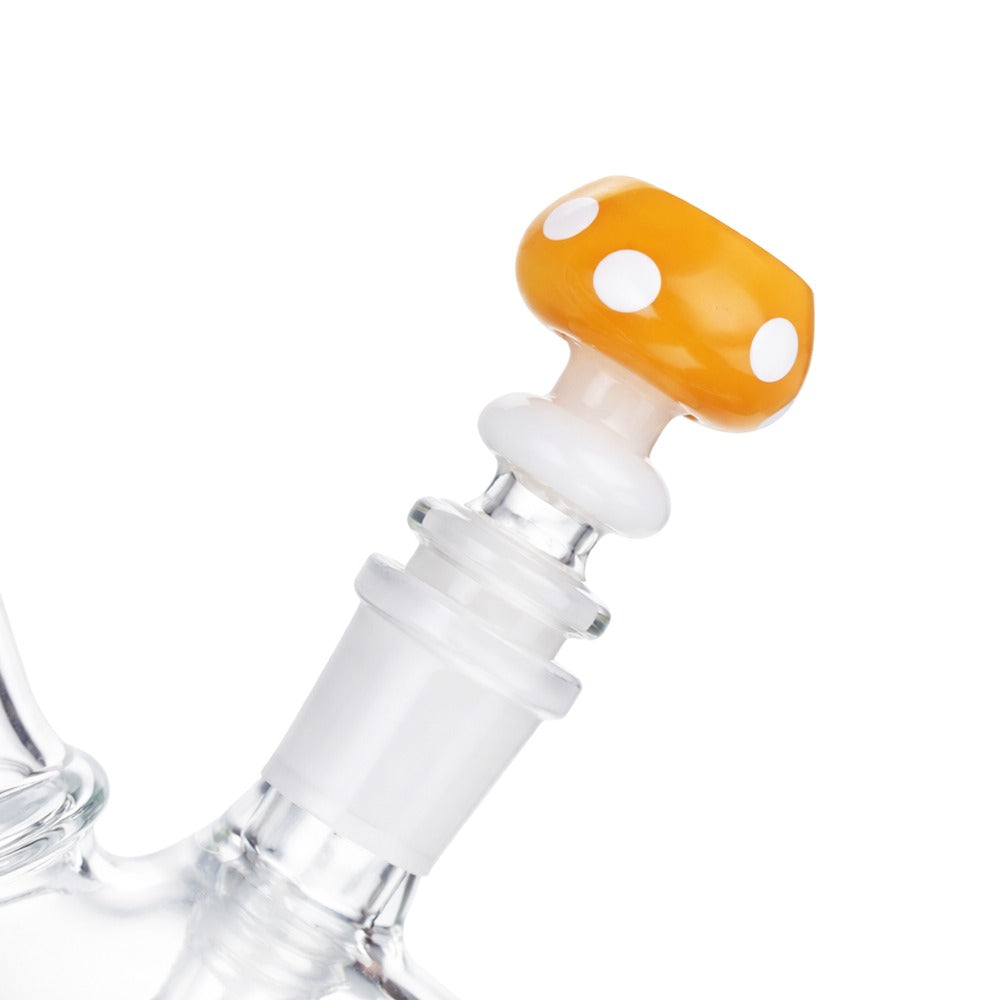 Angled view of BW Shroom Glass Cone Piece 14mm Male Bowl in Yellow on white background, highlighting bowl opening detail