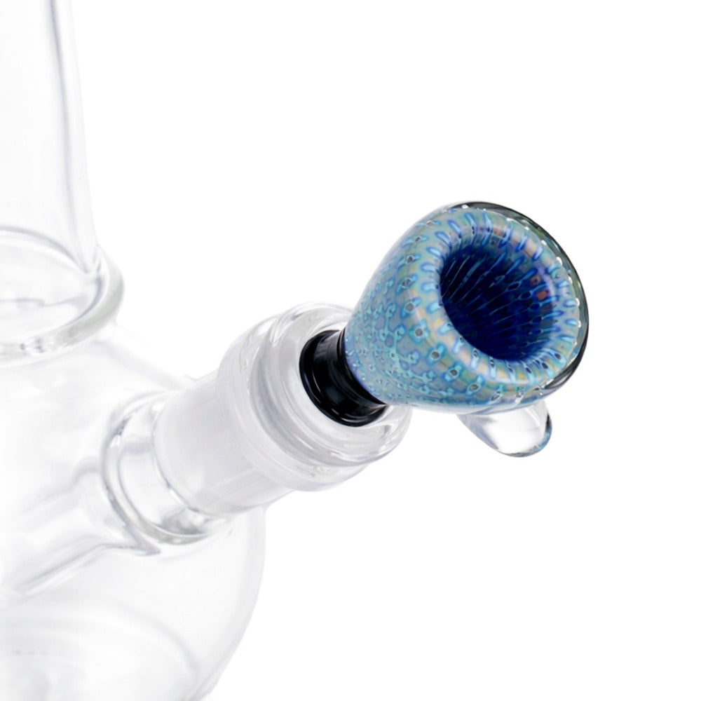 Angled view of BW Spark Glass Cone Piece 14mm Male Bowl in Blue and Black on white background, featuring premium glass craftsmanship