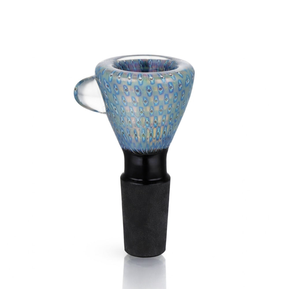 Back view of BW Spark Glass Cone Piece 14mm Male Bowl in Blue and Black on white background, clean studio product shot