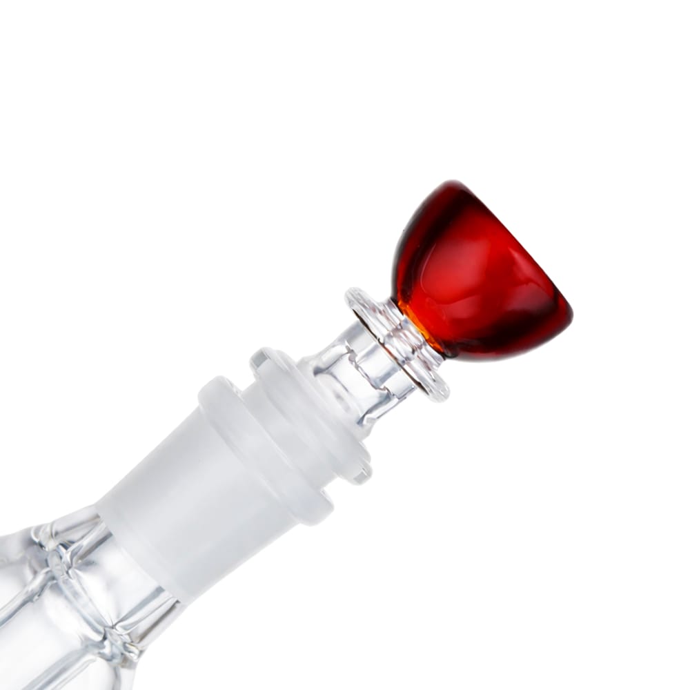 Side view of BW Sphere Glass Cone Piece 14mm Male Bowl in Red on white background, showcasing rounded sphere-inspired glass shape
