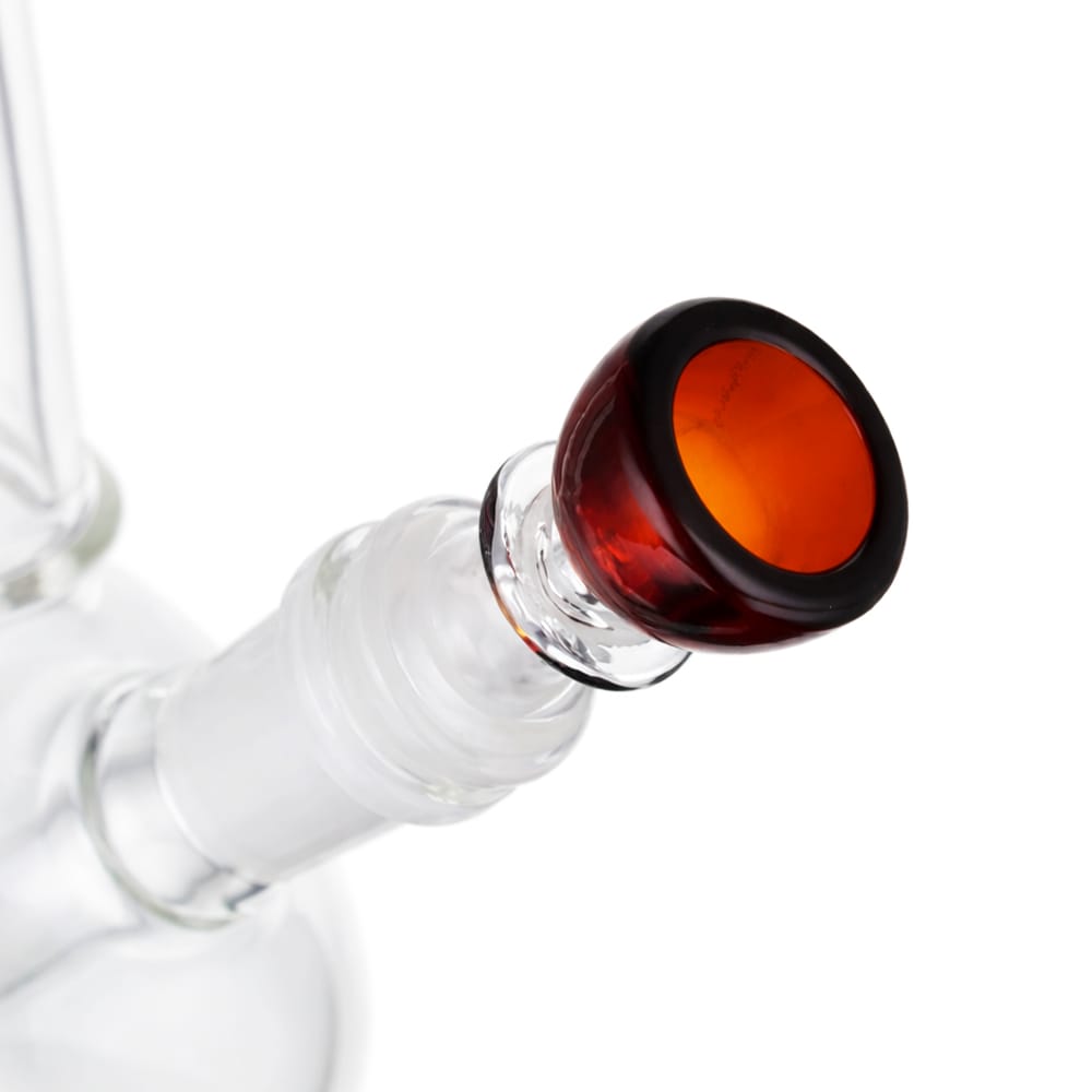 Angled view of BW Sphere Glass Cone Piece 14mm Male Bowl in Red on white background, displaying vibrant red glass finish