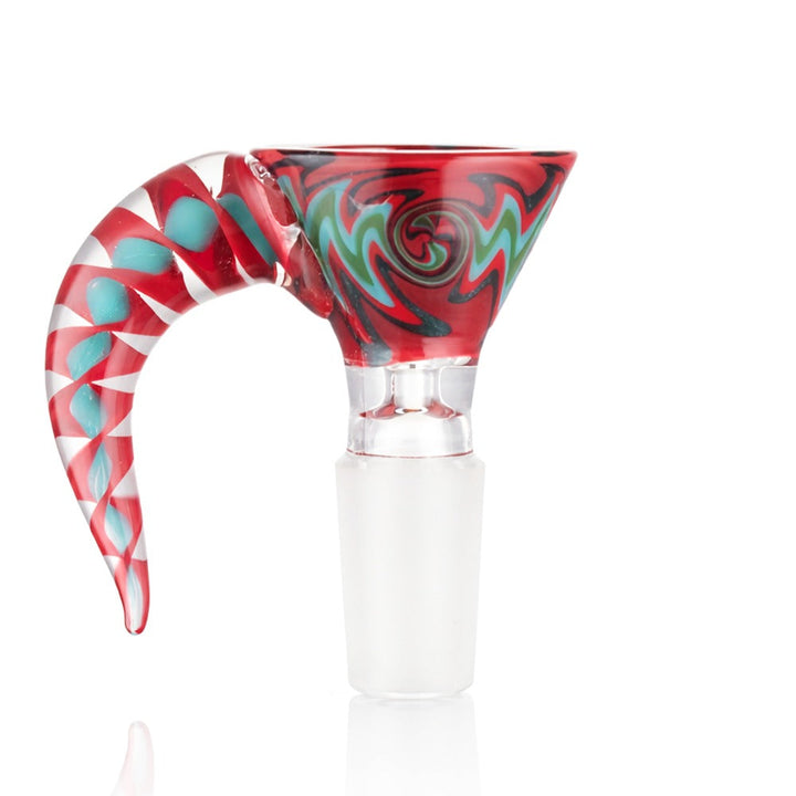 Side view of BW Spire Glass Cone Piece 14mm Male Bowl in Maroon on white background, showing sleek spire-shaped design