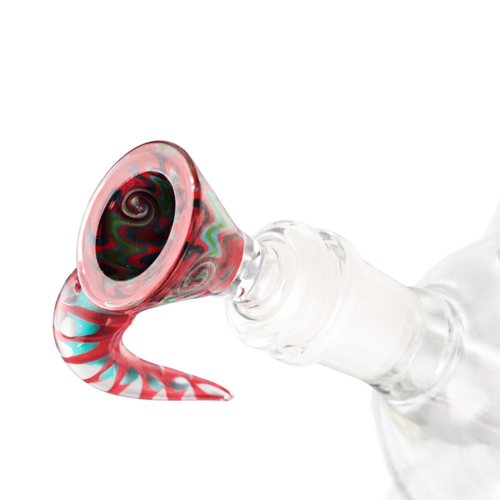Angled view of BW Spire Glass Cone Piece 14mm Male Bowl in Maroon on white background, showcasing premium glass craftsmanship