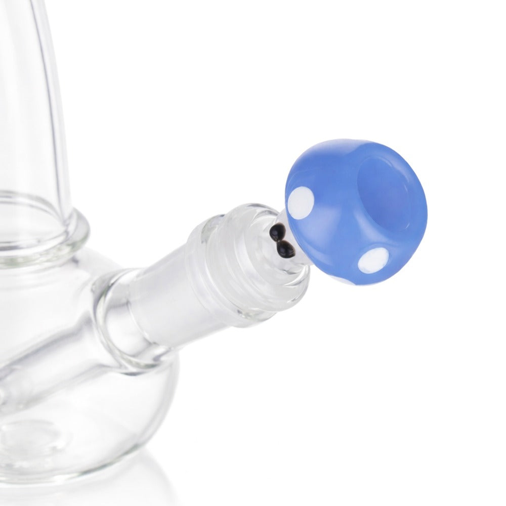 Angled view of BW Spore Glass Cone Piece 14mm Male Bowl in Purple on white background, clean studio product shot