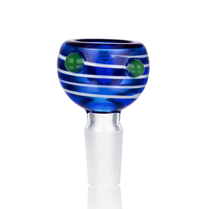 Front view of BW Stripes Push Glass Cone Piece 14mm Male Bowl in Blue on white background, smooth durable striped glass design