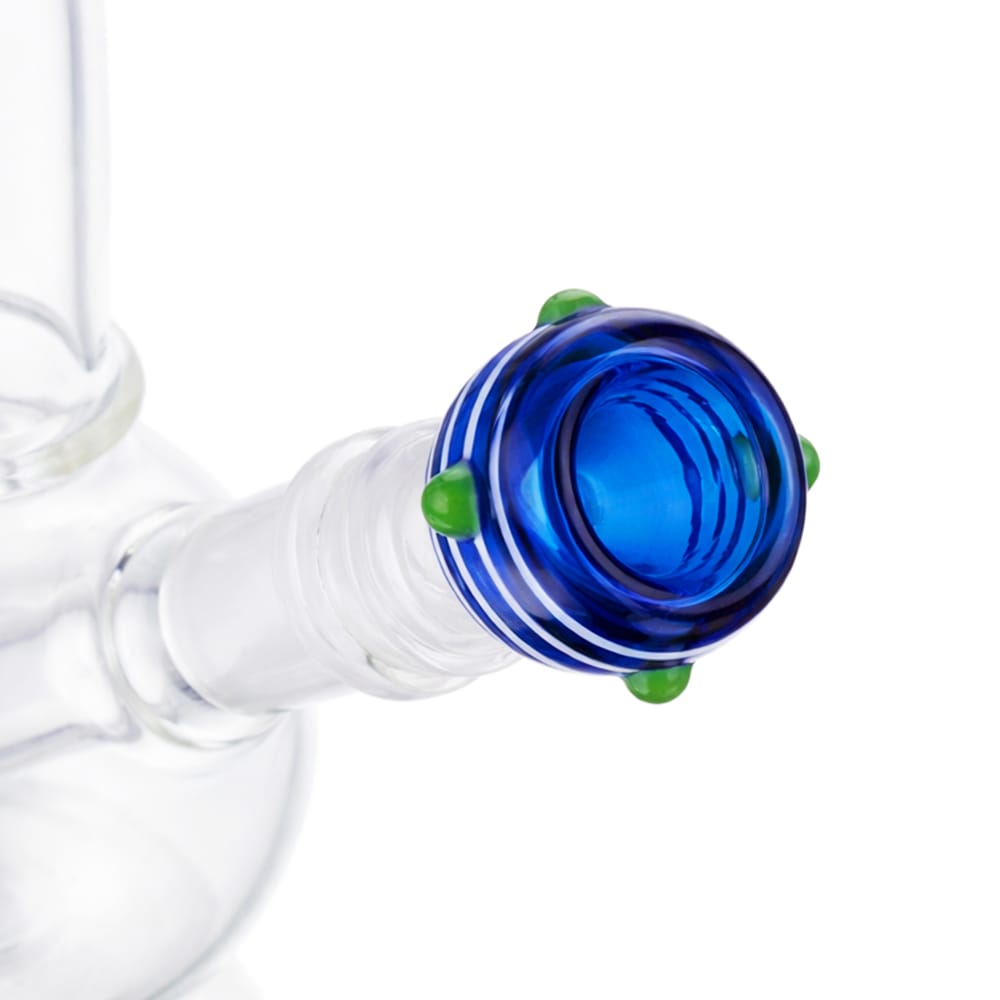 Side view of BW Stripes Push Glass Cone Piece 14mm Male Bowl in Blue on white background, showcasing bold striped glass pattern